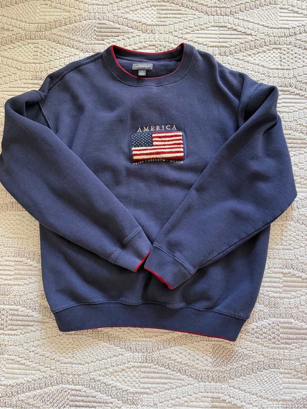 Vintage croft & barrow Navy Crewneck Sweater with Flag Embroidery
